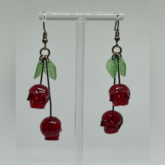 Red Skull Earrings with Green Leaf Accents Cherry Inspired - Picture 2 of 2